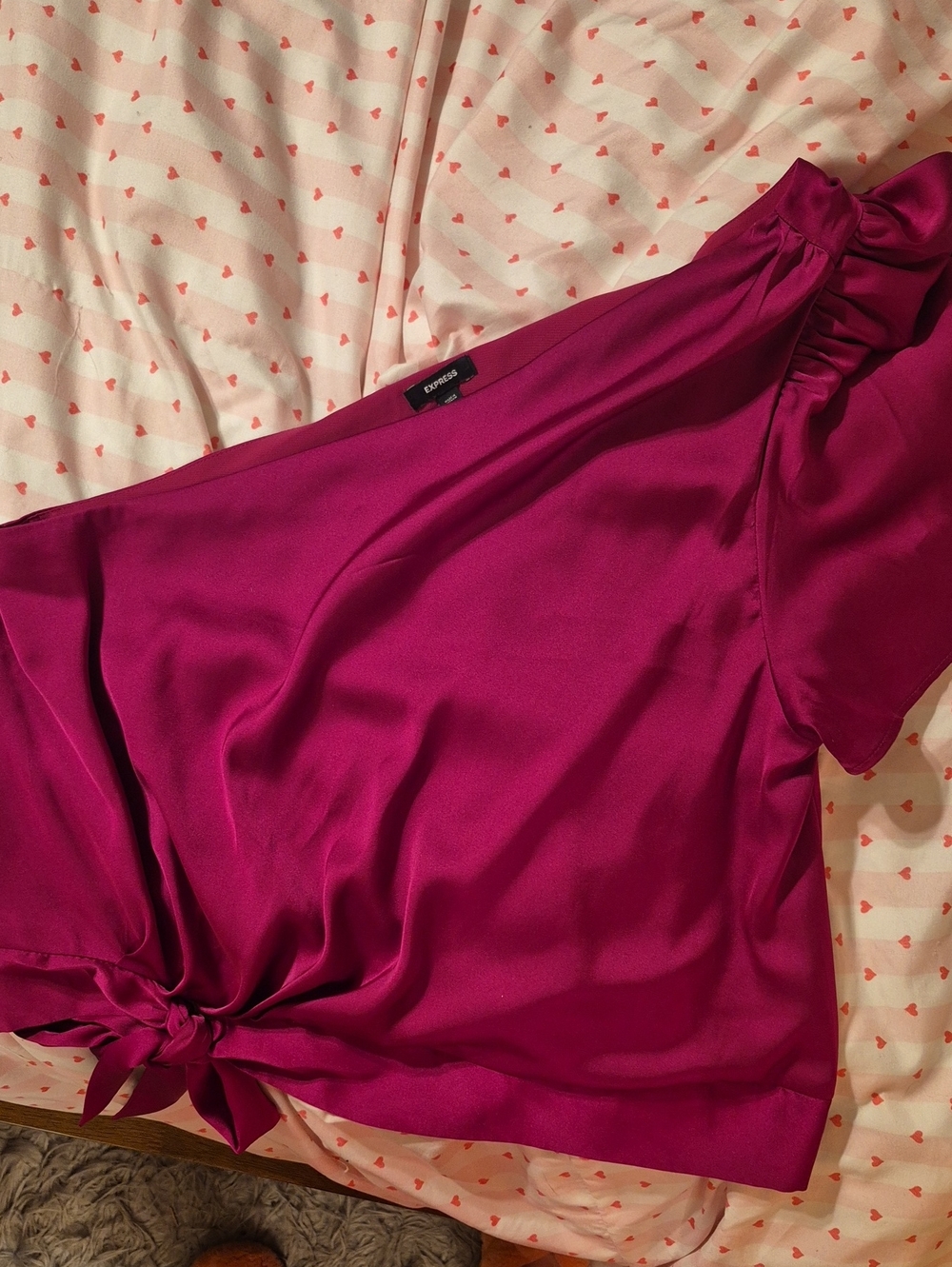 Express One-Shoulder Satin Tie-Hem Top in Magenta